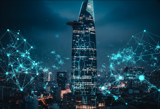 Ho Chi Minh City skyline with a connected technology network